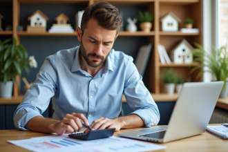 Homme d'affaires calculant rentabilite immobiliere dans un bureau lumineux