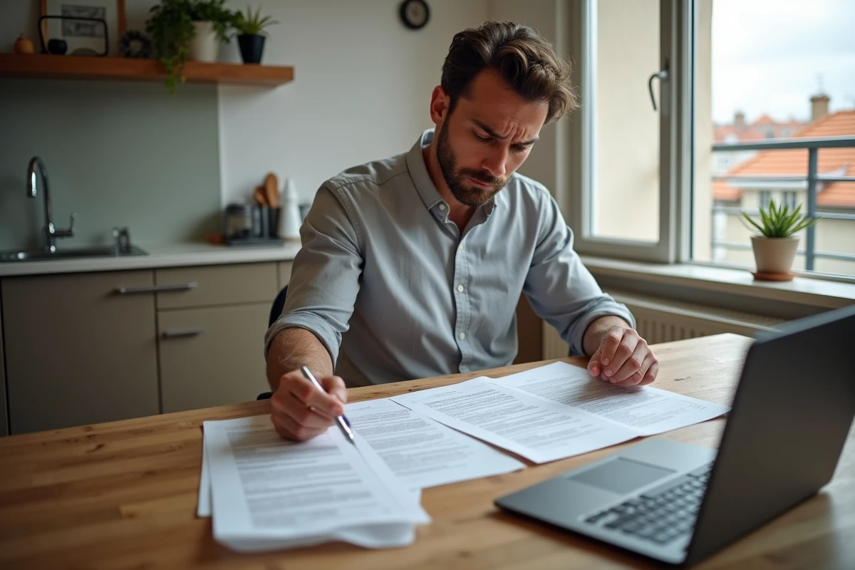 Homme comparant des documents immobiliers sur un appartement lyonnais avant de signer, expression préoccupée