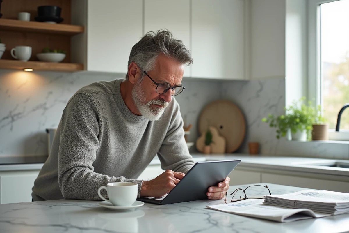 Homme mûr consultant une plateforme d'investissement sur tablette dans une cuisine moderne