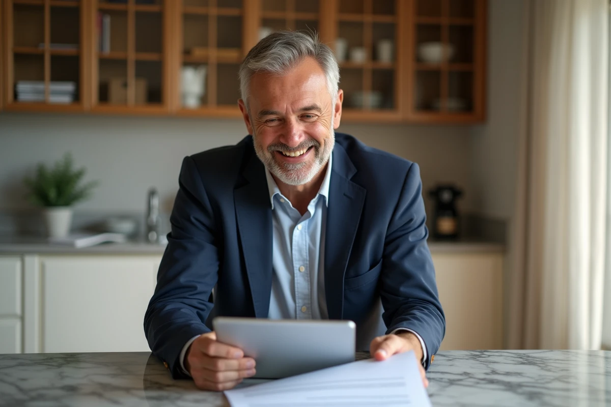 Homme souriant en blazer bleu examinant un contrat immobilier