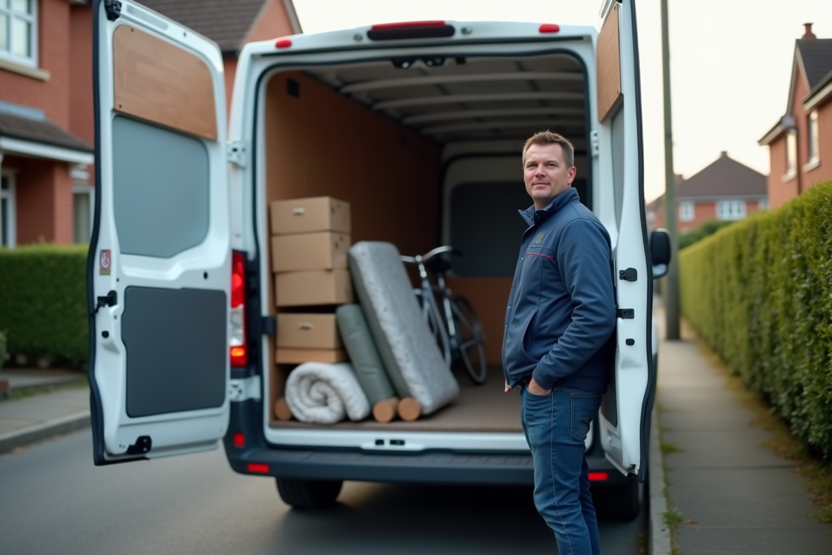 Homme moyenâgeux debout à côté d'une camionnette blanche de déménagement