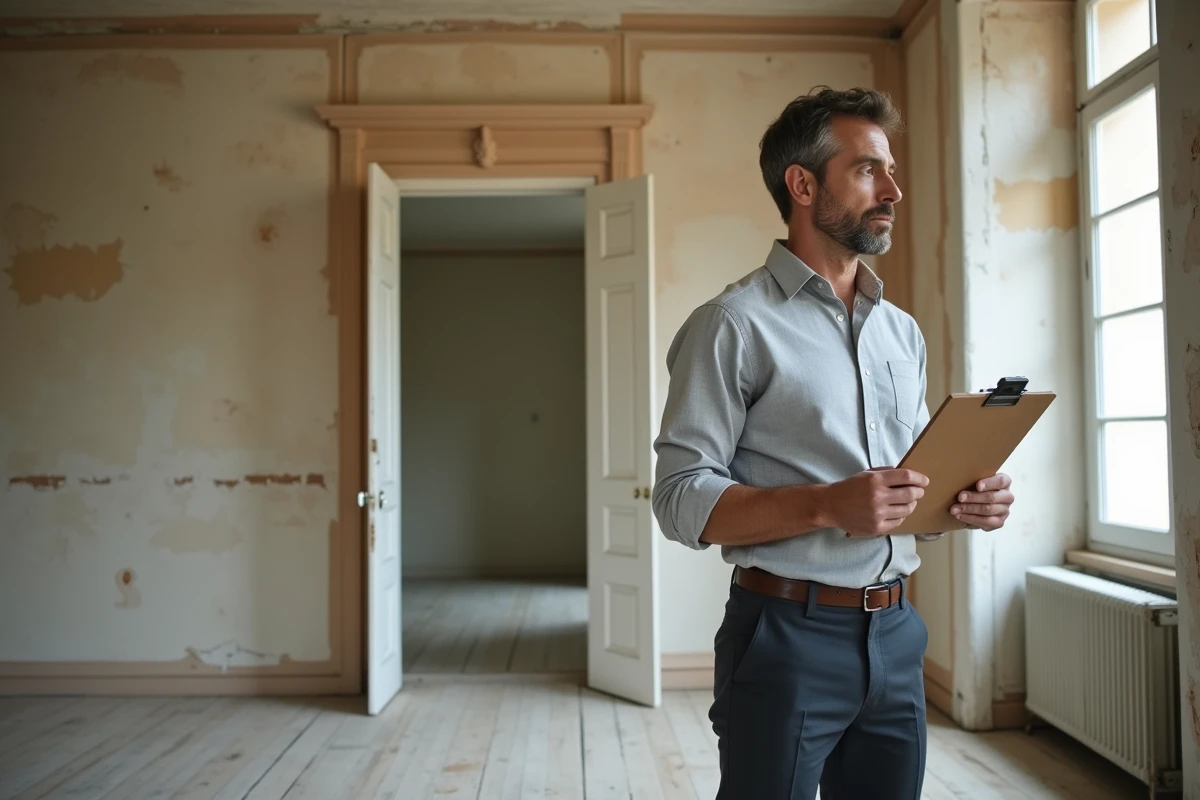 Homme évaluant la déduction mobilier dans un appartement ancien non meublé en cours de rénovation