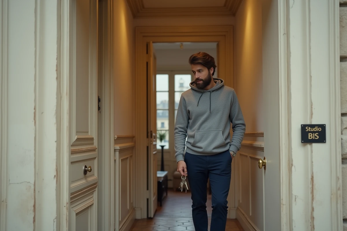 Homme devant la porte d'un studio BIS dans un immeuble haussmannien tenant des clés d'appartement