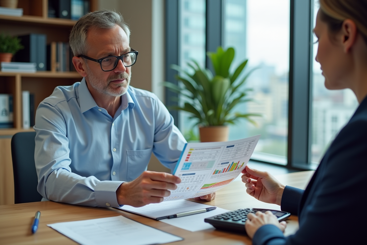 Homme discutant de calculs immobiliers avec un conseiller en banque