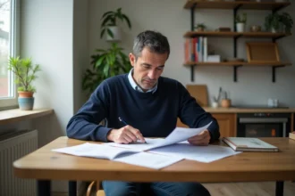 Homme d'âge moyen étudie documents d'impôts dans une cuisine