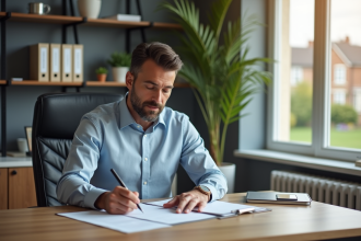 Homme d'âge moyen remplissant des formulaires fiscaux dans un bureau moderne