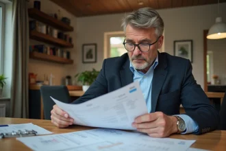 Homme d'âge moyen examinant des factures dans un appartement