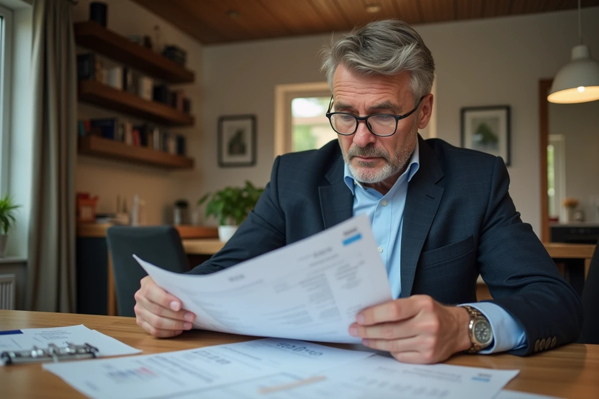 Homme d'âge moyen examinant des factures dans un appartement