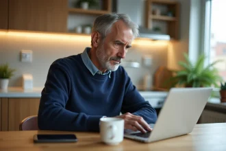 Homme d'âge moyen lisant des avis sur un ordinateur portable dans une cuisine