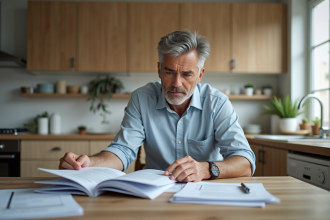 Homme d'âge moyen examinant des papiers immobiliers à la maison