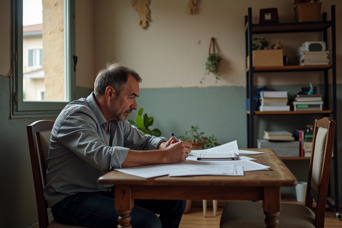 Homme d'âge moyen contemplant des lettres dans un appartement français
