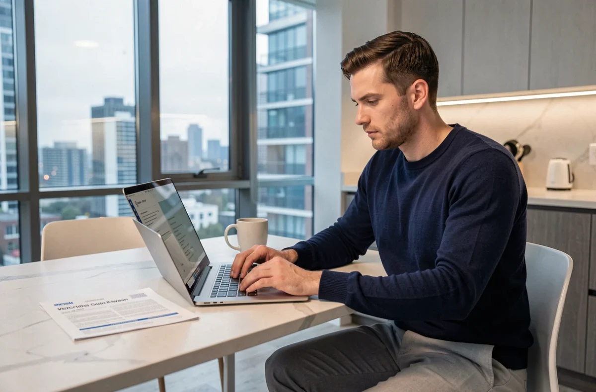 Homme tapant une lettre de motivation pour une location sur ordinateur dans un appartement moderne
