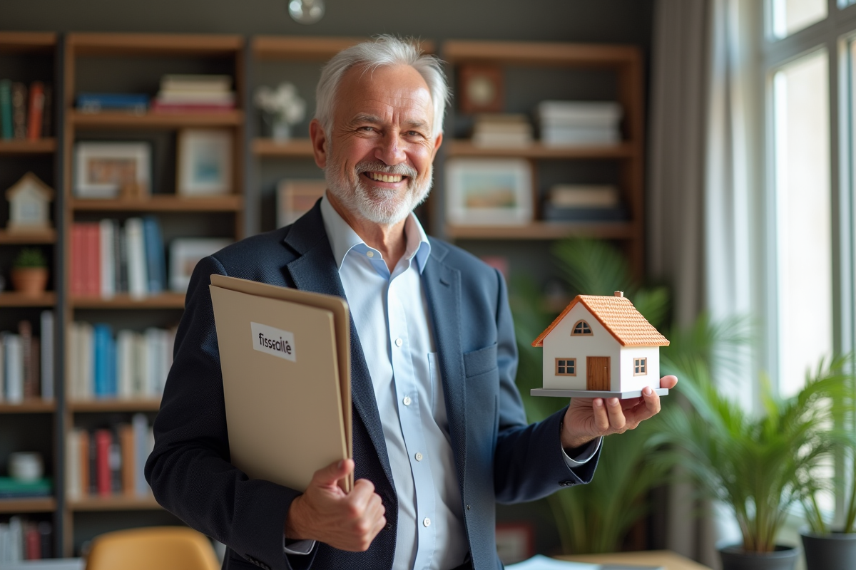 Homme souriant tenant maquette de maison et dossier fiscal