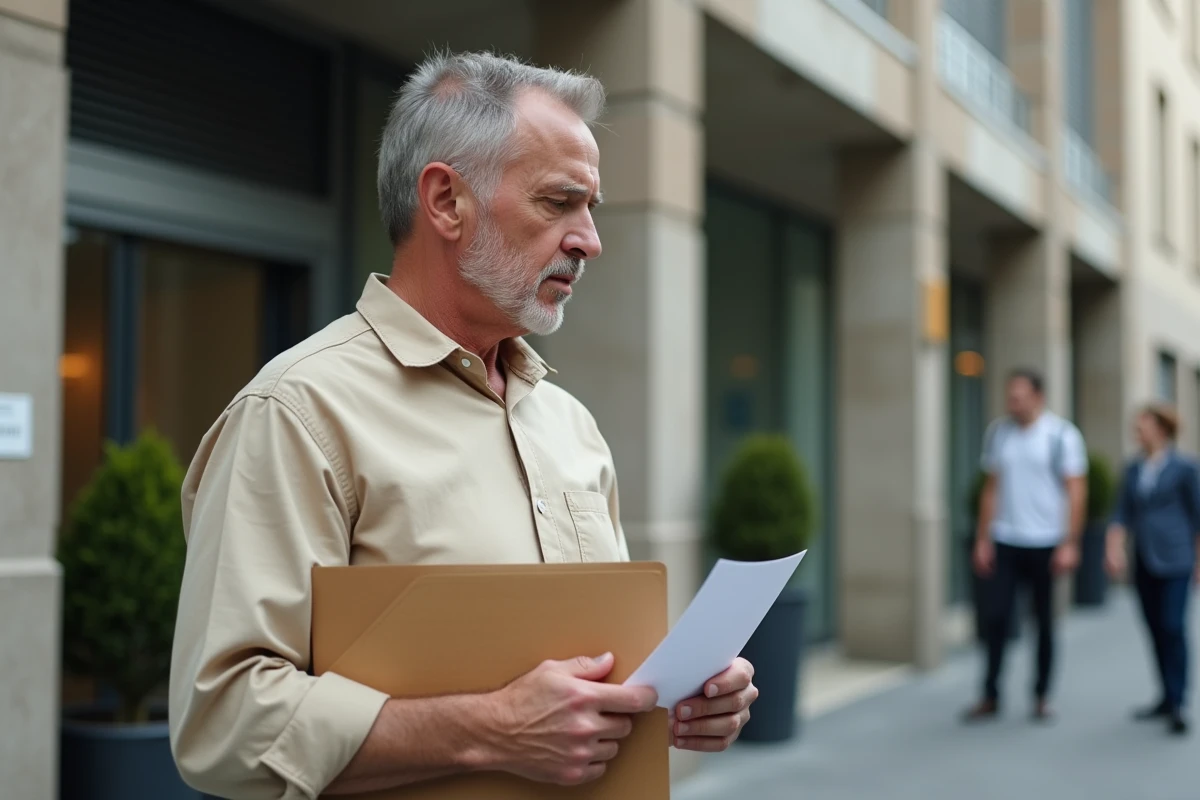 Homme devant un office HLM tenant un dossier de demande d'aide pour la caution