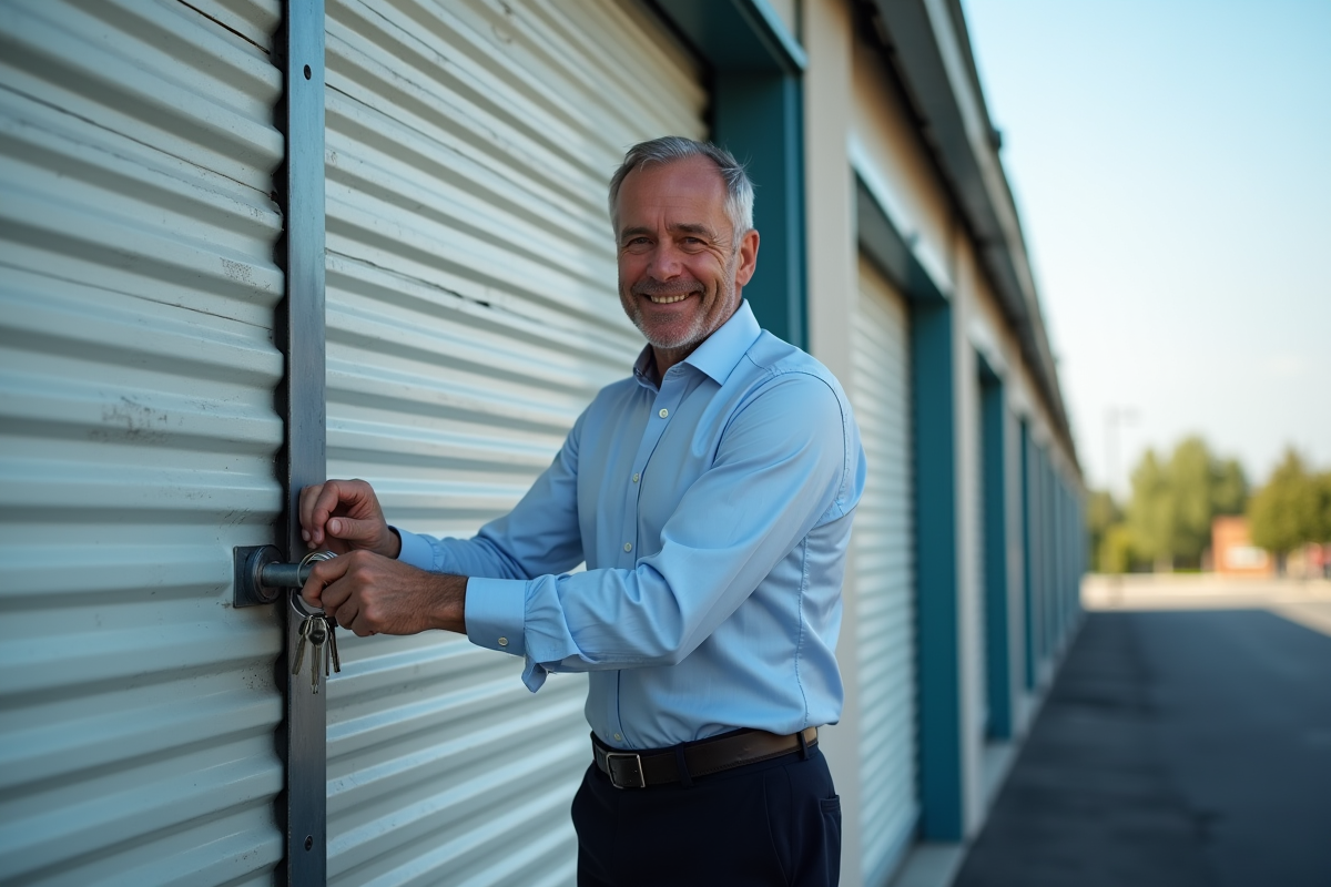 Homme ouvrant une porte de garage extérieur avec clés