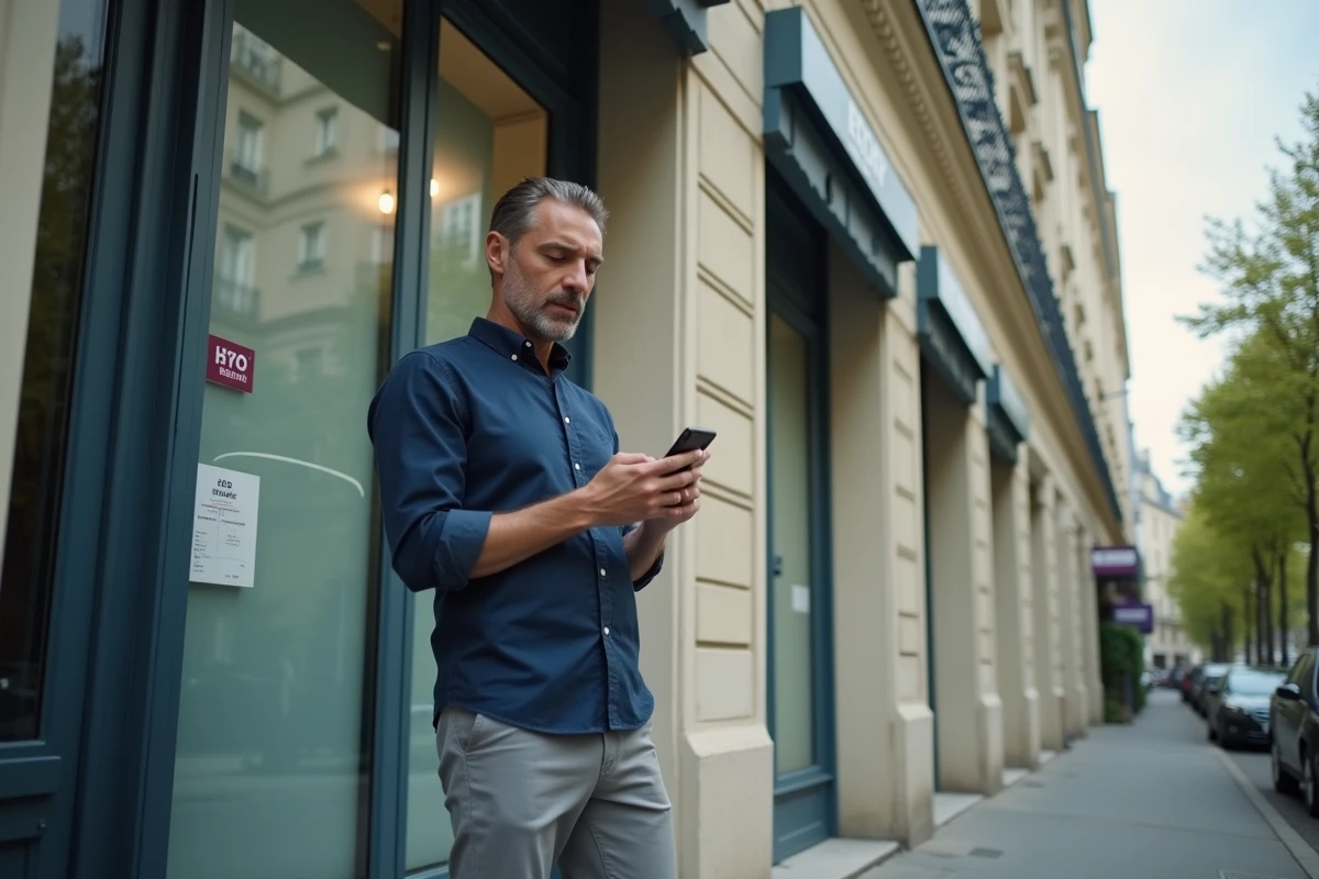 Homme consultant son smartphone devant un immeuble résidentiel avec une annonce de location affichée