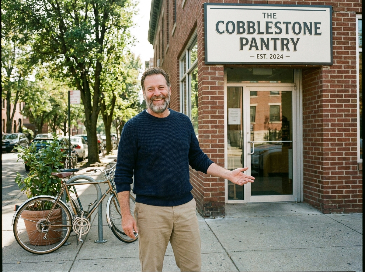 Homme souriant devant sa boutique dans un quartier urbain