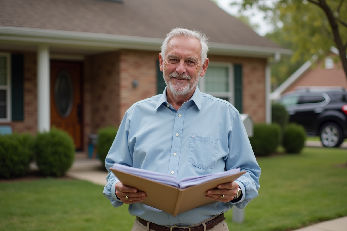Homme souriant devant une maison de banlieue avec dossier