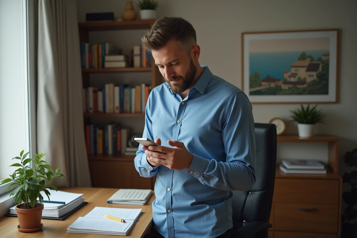 Homme en home office gère ses réservations avec son smartphone