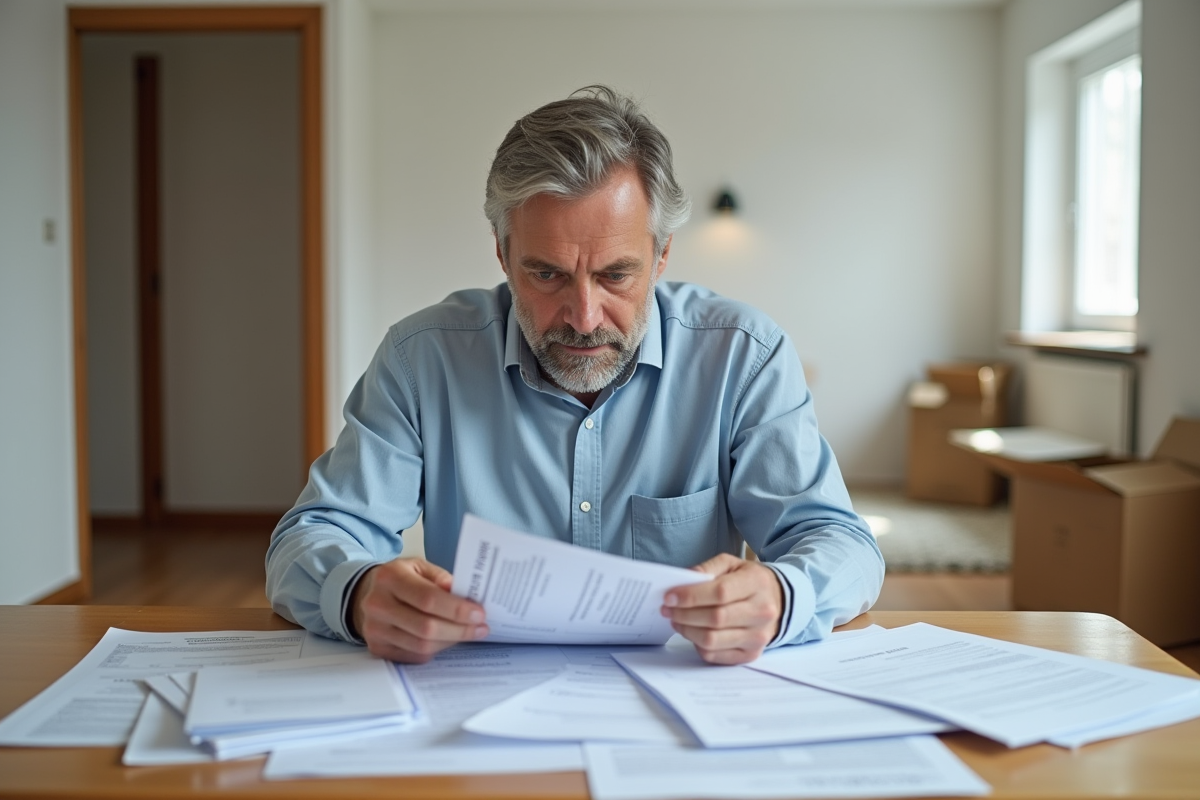 Homme d'âge moyen triant des documents dans un appartement vide