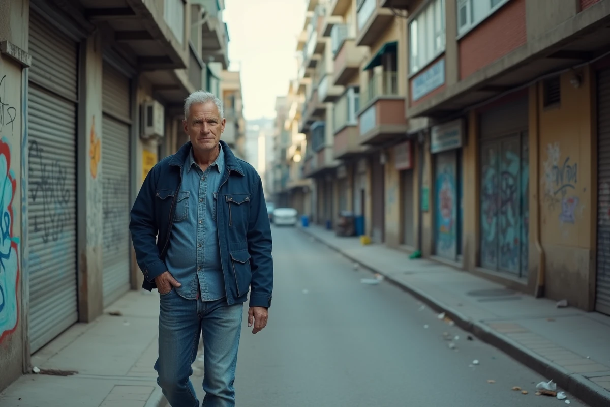 Homme d'âge moyen dans une rue urbaine avec graffitis et immeubles