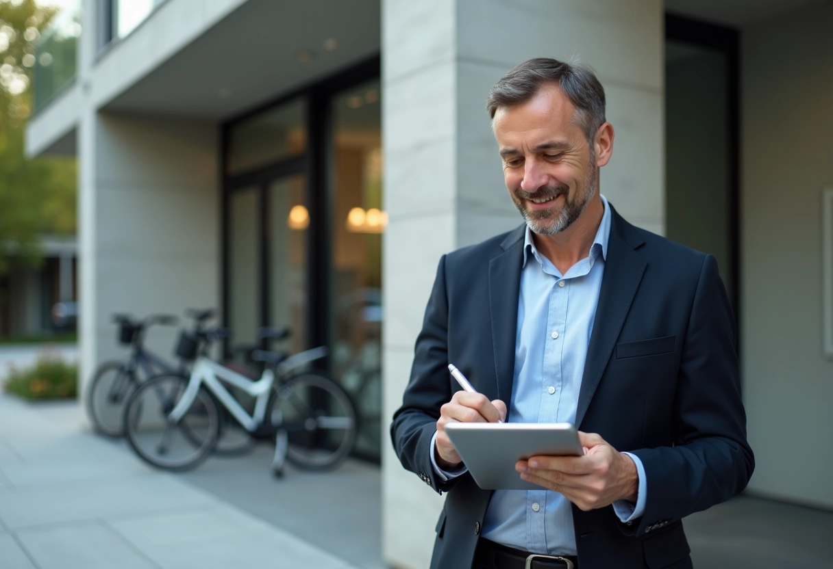 Homme d affaires devant immeuble en recherchant appartement