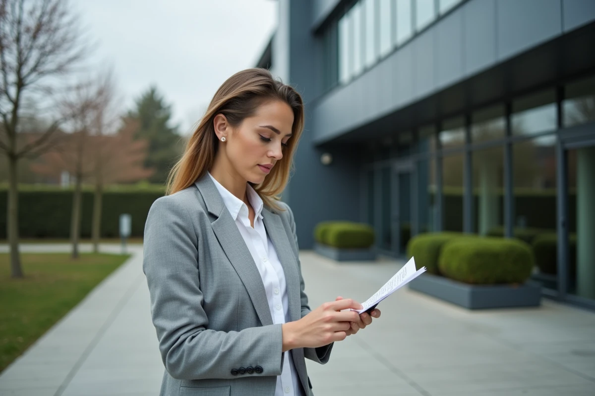 Femme consultant les horaires d'accueil devant l'entrée d'un site Enedis, préparant sa visite