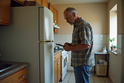 Homme d'âge moyen inspectant un vieux réfrigérateur dans une cuisine modeste