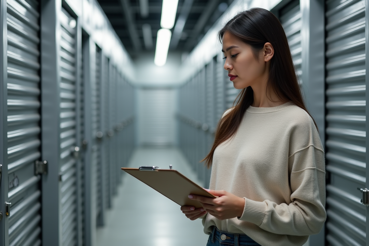 Jeune femme inspectant un entrepôt intérieur moderne