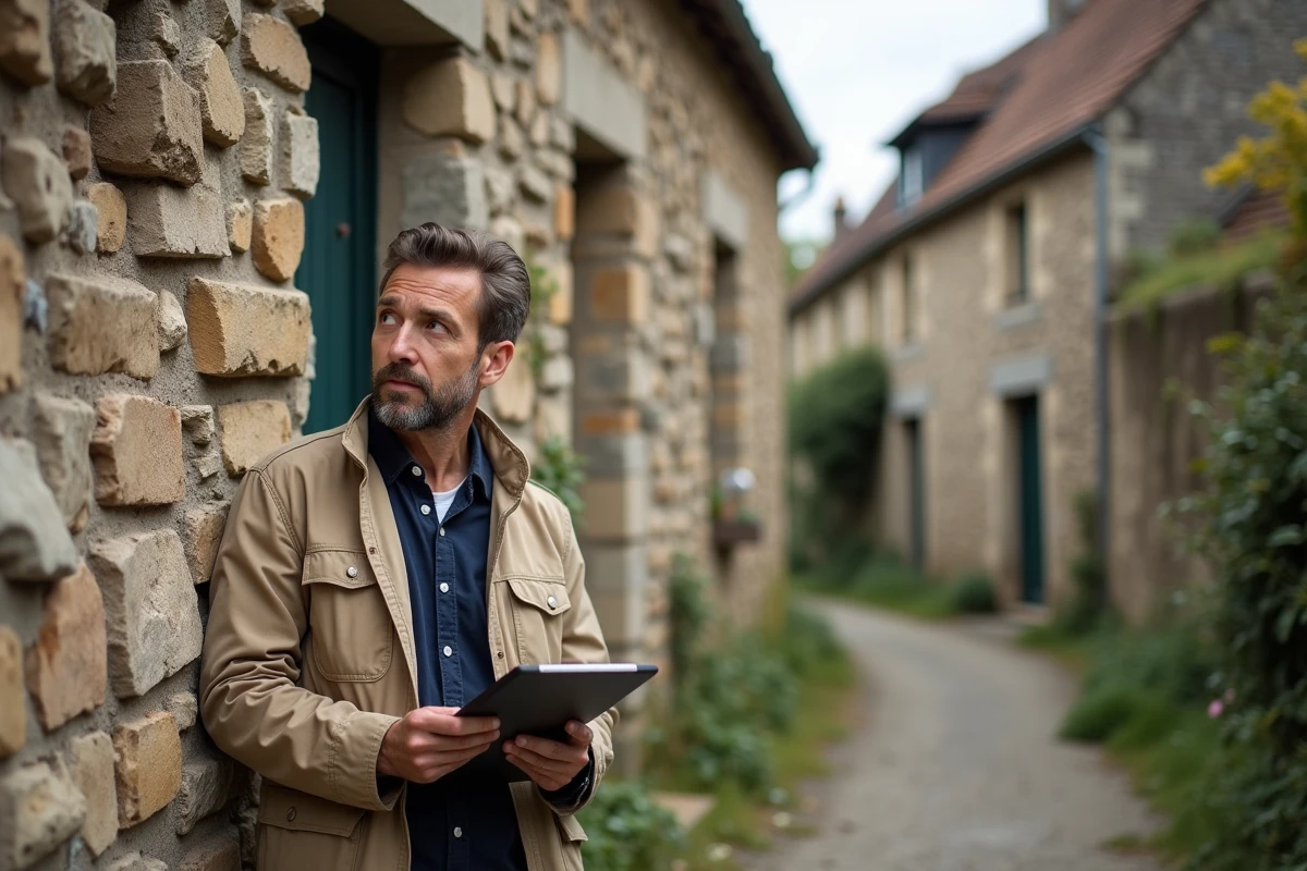 Professionnel de l'immobilier inspectant les murs d'une maison abandonnée en pierre dans un village français