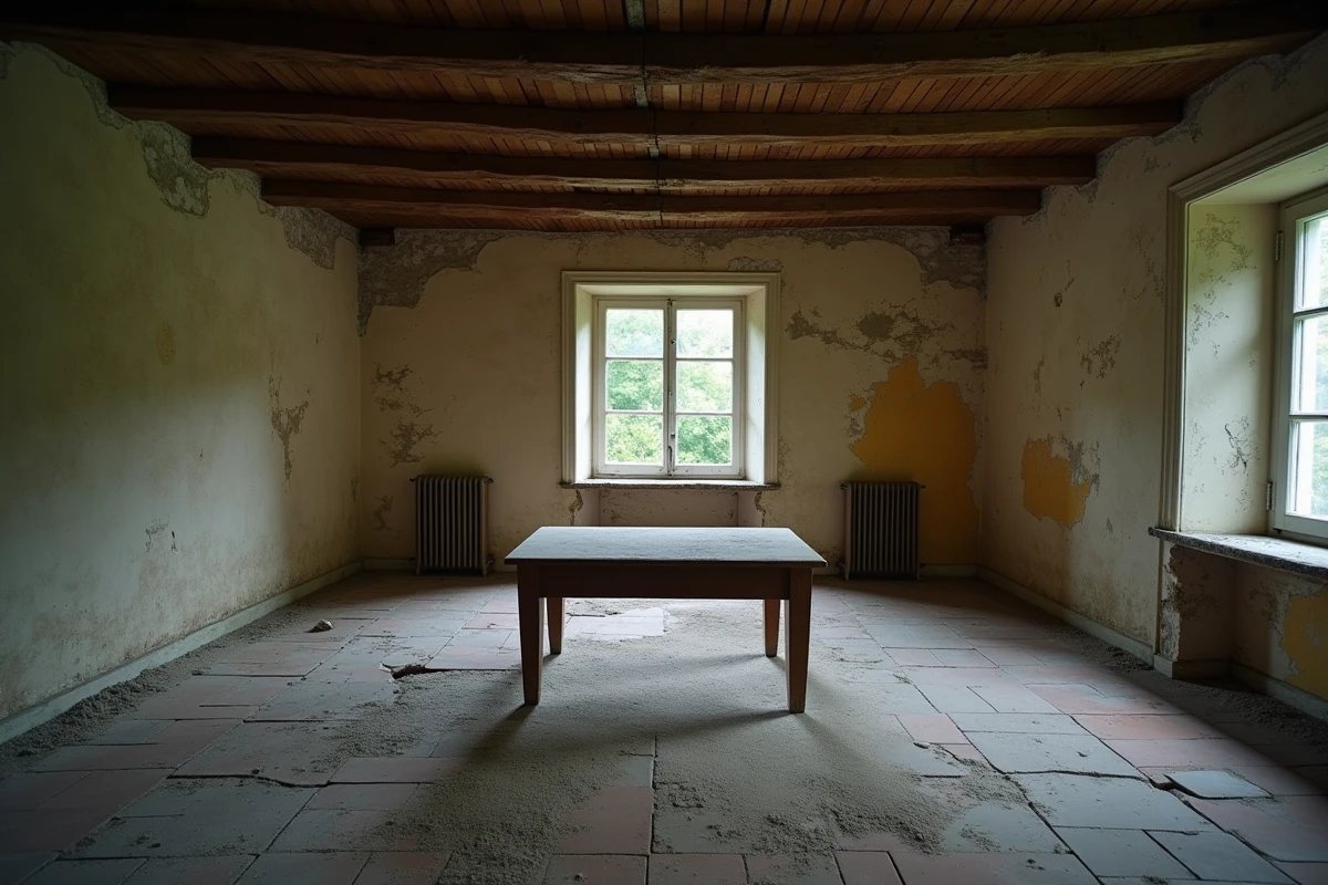 Intérieur délabré d'une maison abandonnée en France avec poutres apparentes, papier peint décollé et poussière sur les meubles