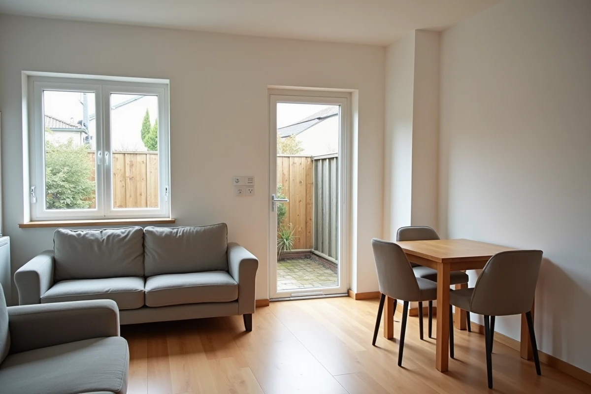 Intérieur d'une petite maison en location avec salon modeste et vue sur jardin, correspondant à un budget de 600 euros par mois