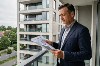 Investisseur immobilier consultant des plans sur un balcon de la résidence Convergence 94 à Alfortville