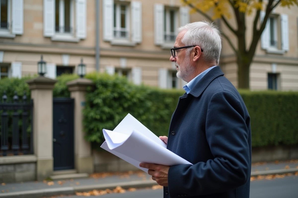 Investisseur immobilier analysant un bien en viager libre devant une maison de banlieue en Ile-de-France