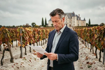 Investisseur en blazer marine examinant des documents devant un vignoble bordelais en automne avec un château en arrière-plan