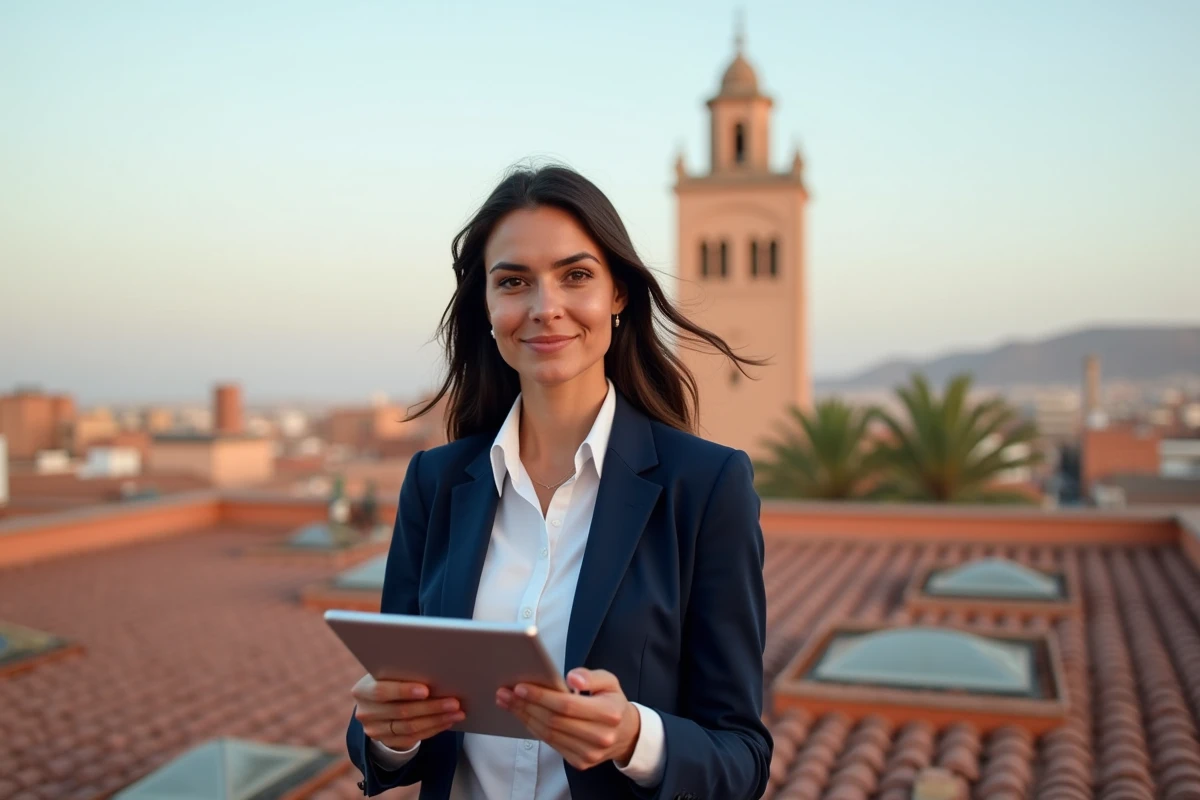 Investisseuse immobilière sur une terrasse de Marrakech analysant la rentabilité d'un appartement à acheter pour louer