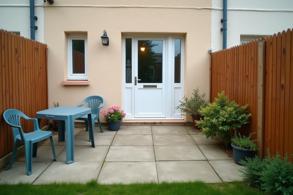Petit jardin arrière d'une maison en location à 600 euros avec terrasse basique, table de jardin et pelouse entretenue