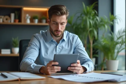 Jeune homme en réunion de vente avec tablette dans un bureau moderne