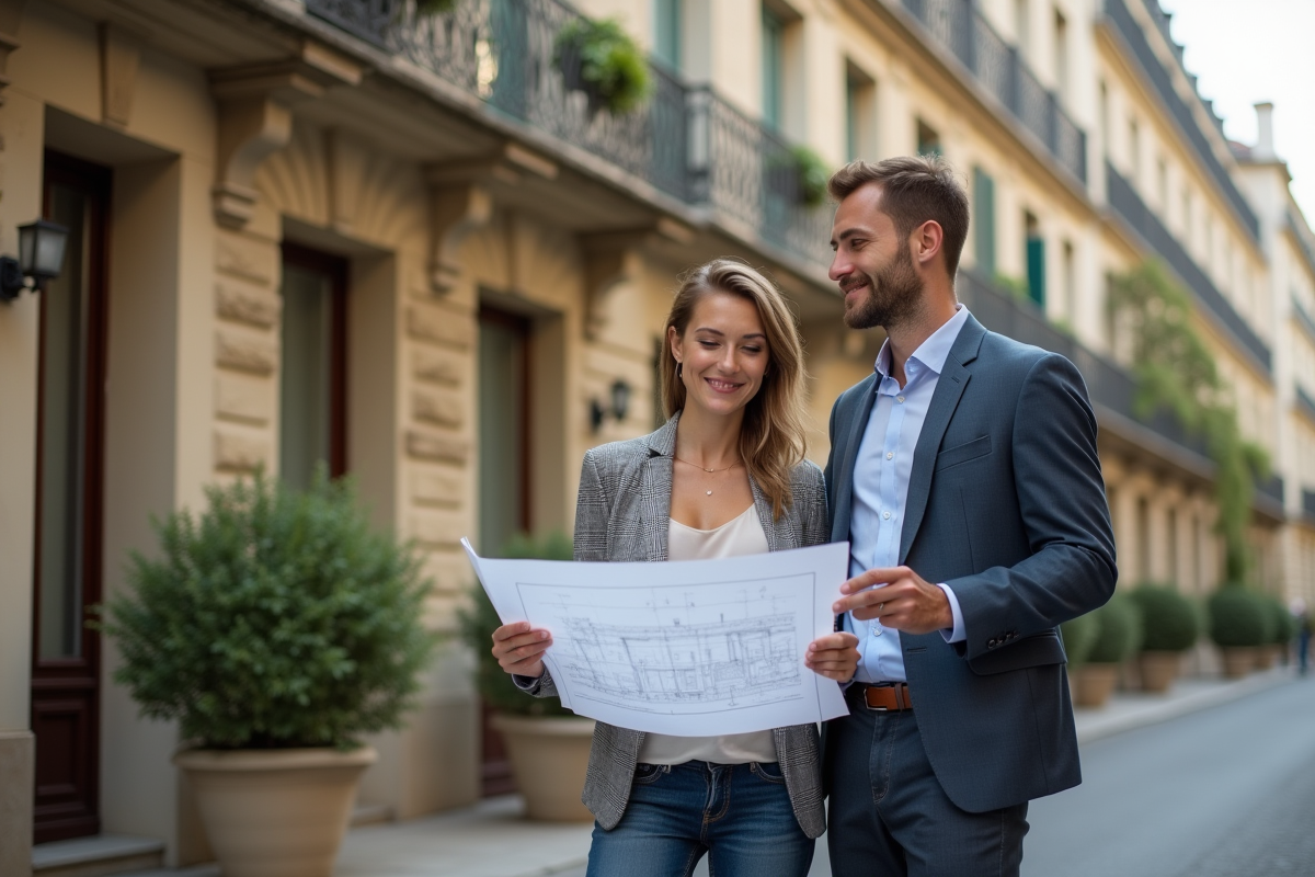 Jeune couple discutant de plans de renovation devant un immeuble parisien