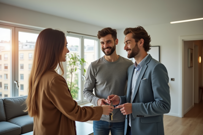 Jeune couple rencontrant un agent immobilier dans un appartement lumineux