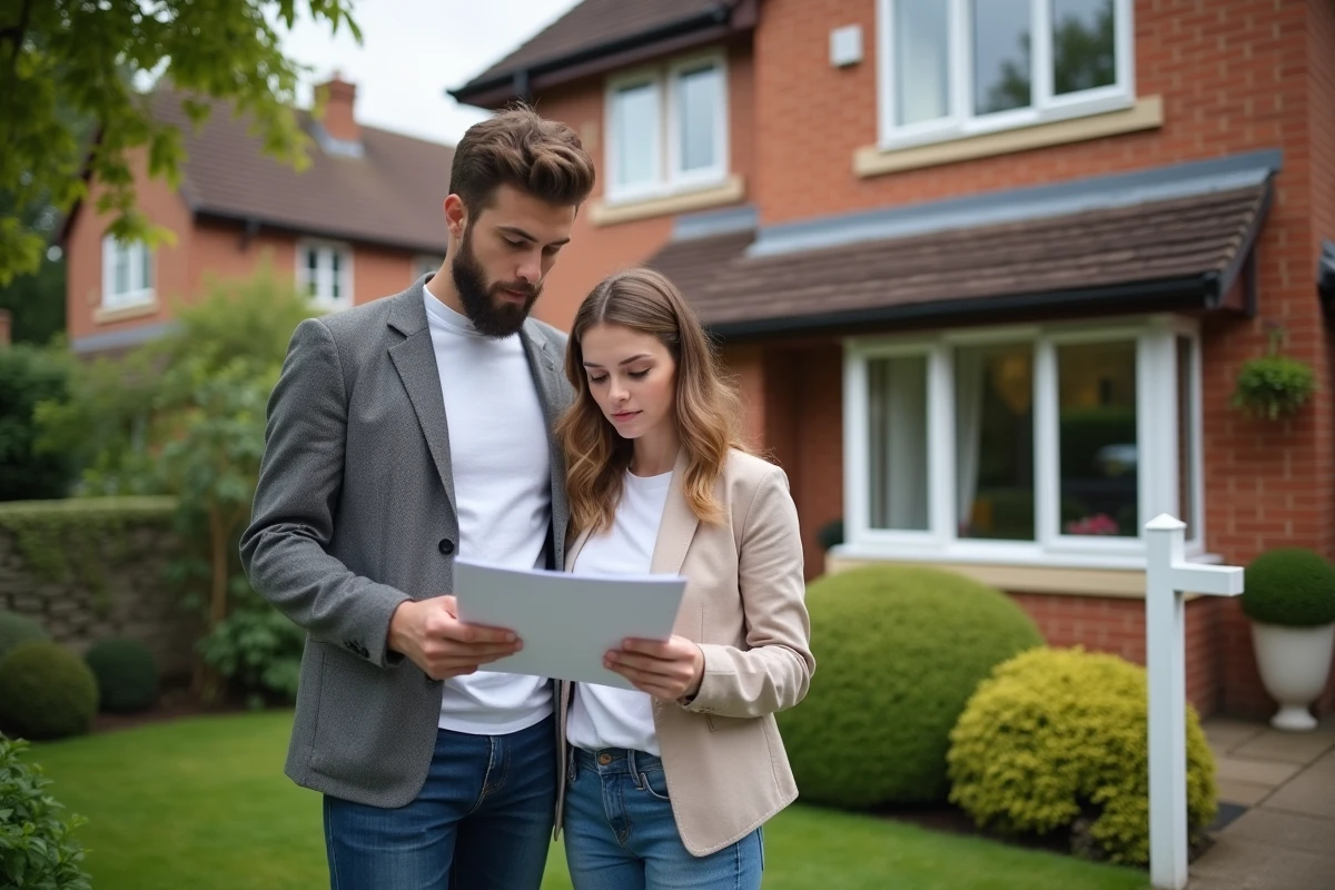 Jeune couple devant leur maison en train de revoir une évaluation immobilière