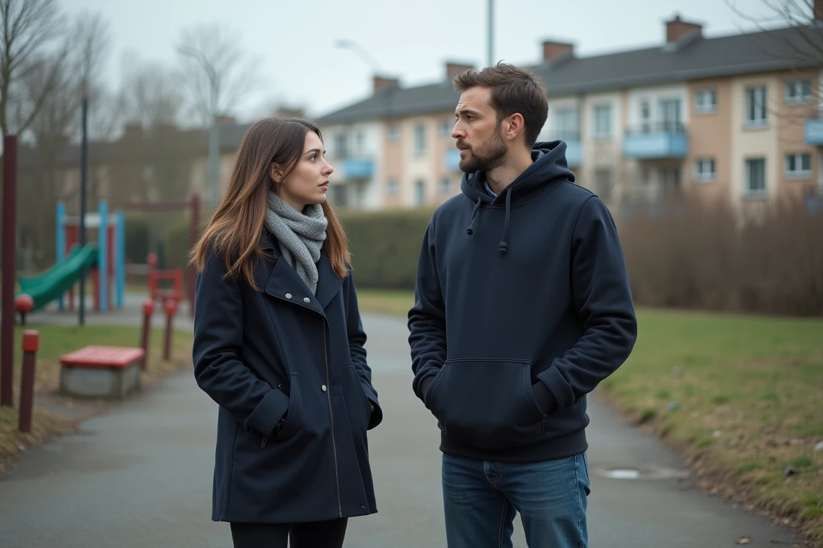 Jeune couple discutant dans un terrain de jeu à Conflans