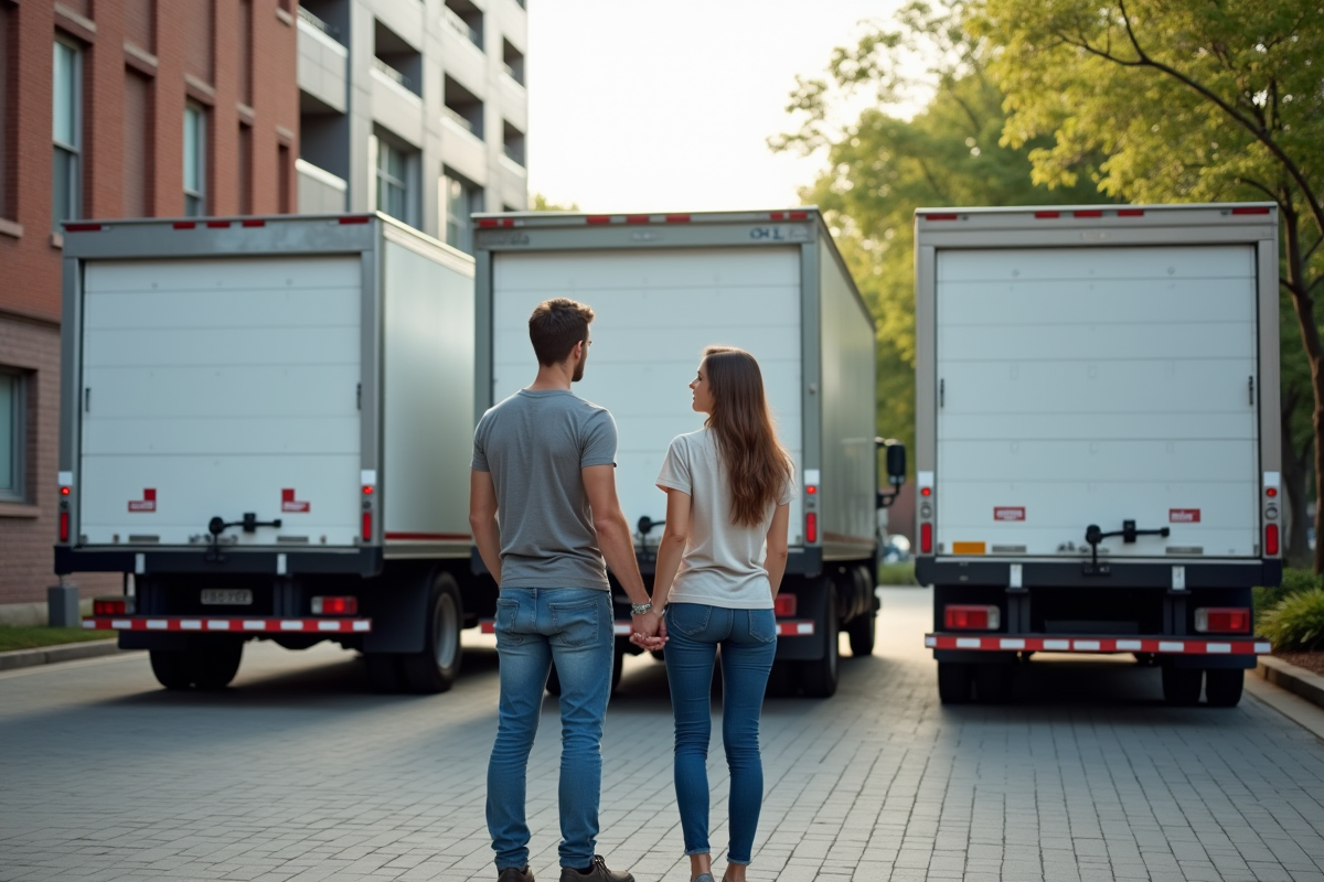Jeune couple compare trois camions de déménagement en extérieur