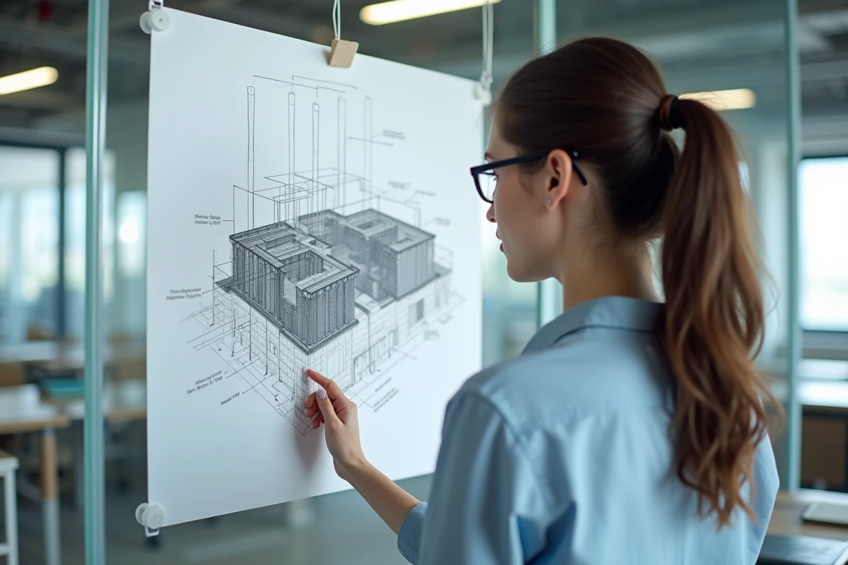 Jeune femme examinant un plan architectural dans un bureau moderne