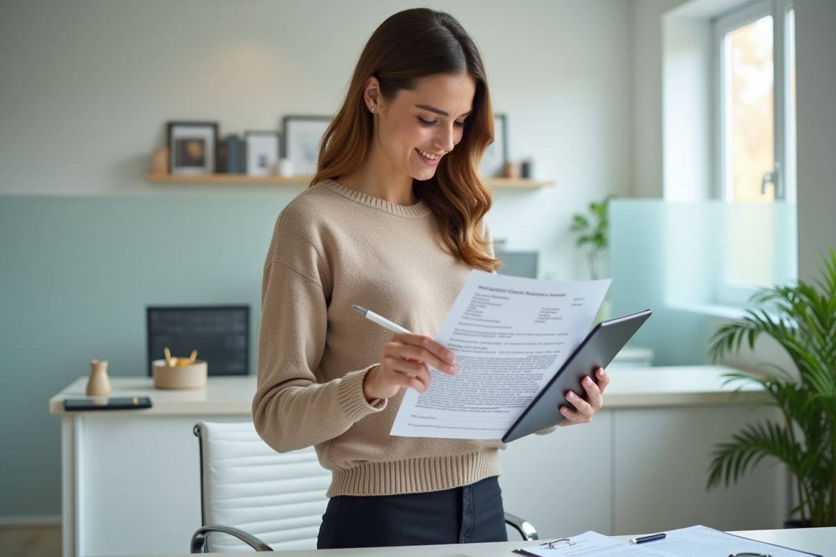 Jeune femme vérifiant un contrat immobilier avec clé et tablette