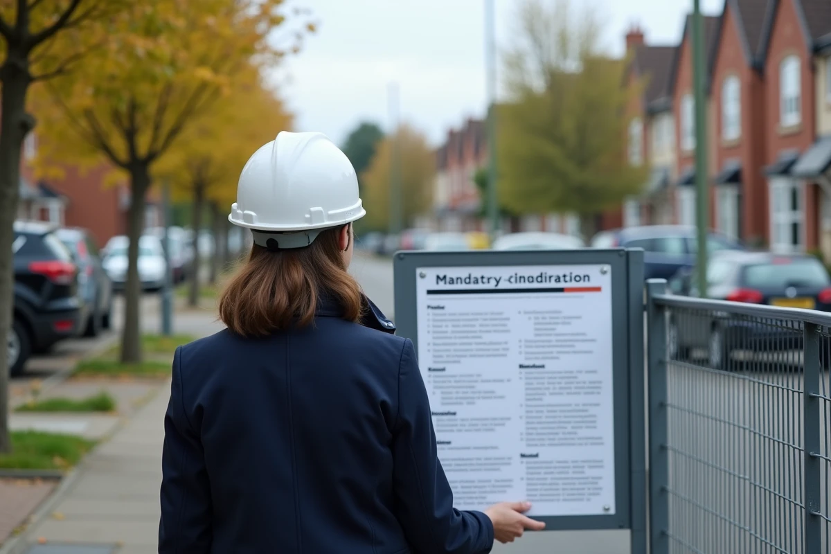 Jeune femme contrôlant un panneau d information sur un chantier