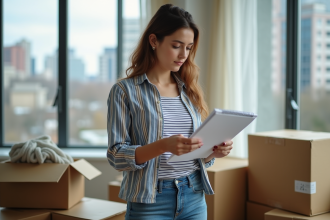 Jeune femme regardant un calendrier dans un appartement moderne