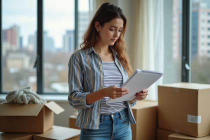 Jeune femme regardant un calendrier dans un appartement moderne