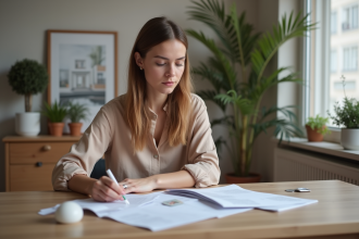 Jeune femme arrangeant ses papiers dans un appartement moderne