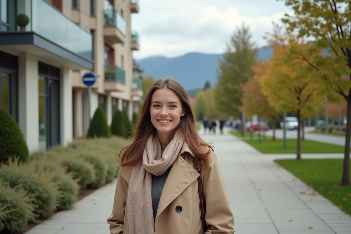 Jeune femme souriante dans un parc avec bâtiments modernes à Chambery